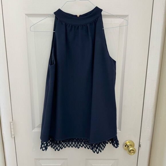 Sail to Sable Scalloped Edge Sleeveless Blouse Size Small Navy Blue Preppy - Picture 1 of 5
